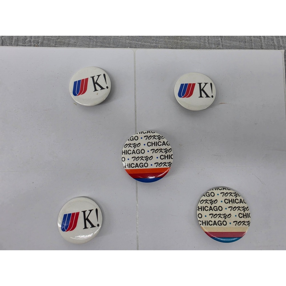 Vintage United Airlines Pinback Button Set K! Chicago Tokyo Logo Pins 5pc